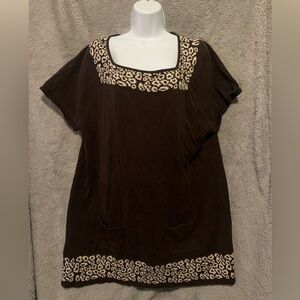 Style & Co Vintage Leopard Tunic Top Womens XL Brown Pockets Knit Short Sleeve
